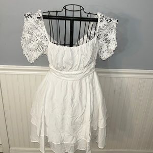 White Dress with Floral Lace Sleeves and Tie Back